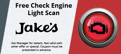 A sign that says free check engine light scan at jake 's