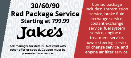An advertisement for jake 's red package service