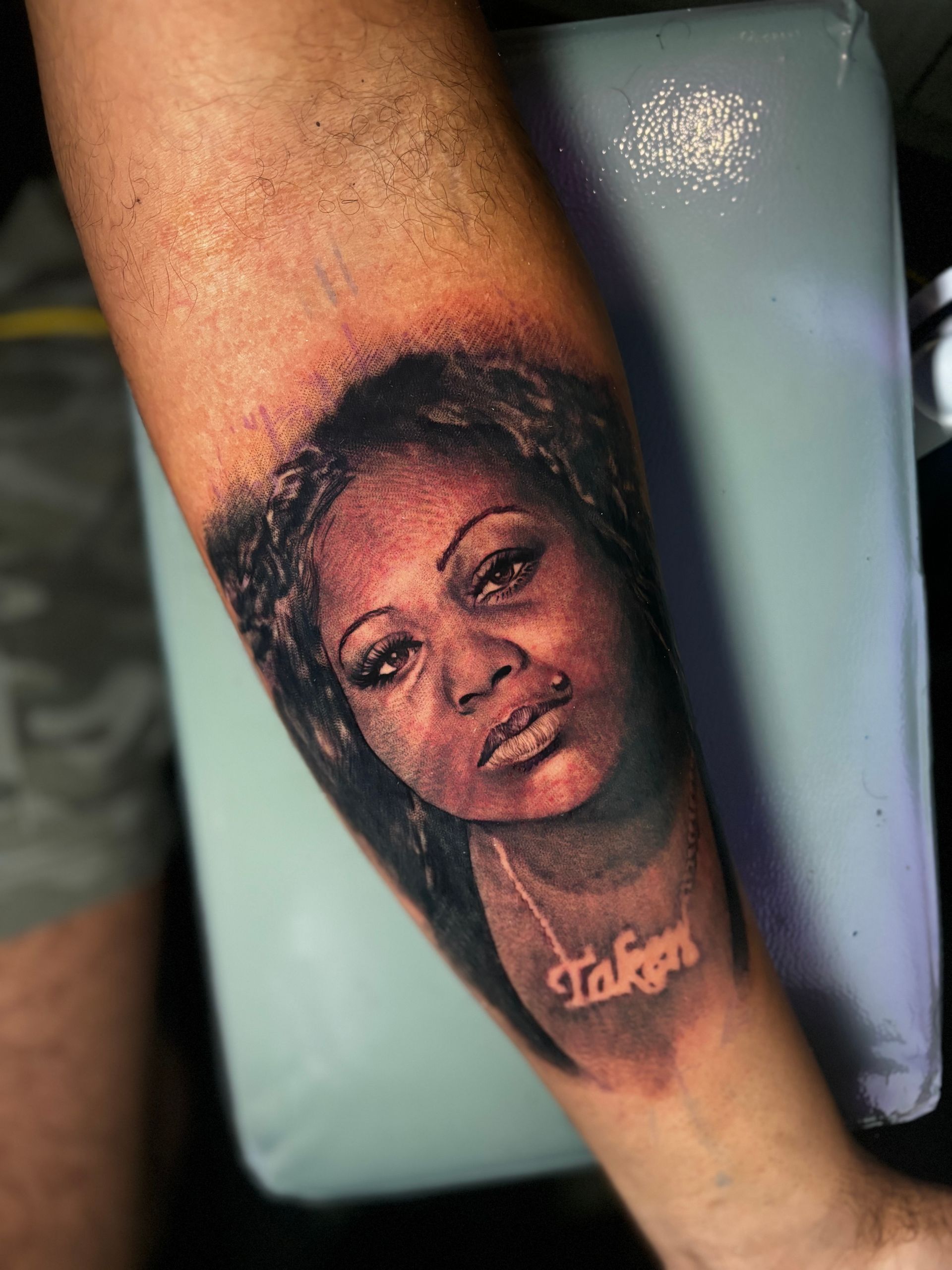 Charlotte NC tattoo artist, portrait tattoos Charlotte NC, tattoos on melanated skin, black and grey realism tattoo,