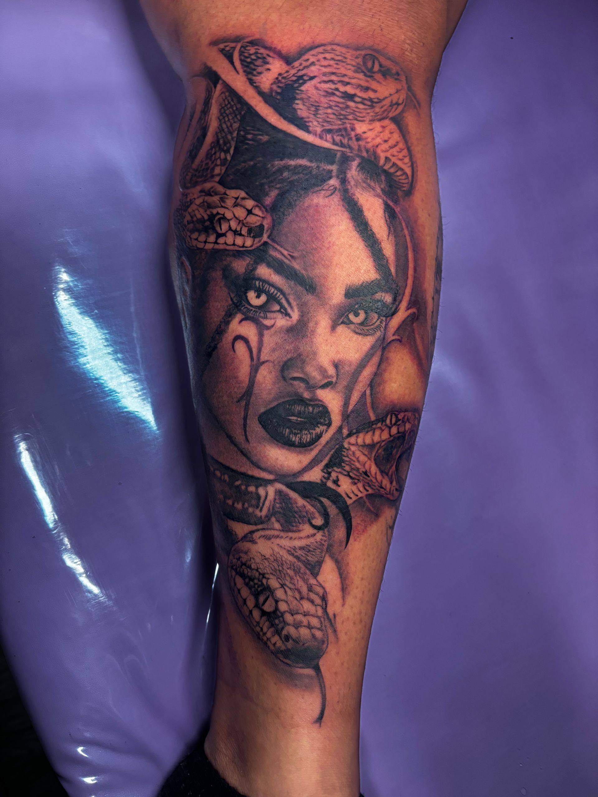 Charlotte NC tattoo artist, tattoos Charlotte NC, tattoos on melanated skin, black and grey realism tattoo, Medusa tattoo