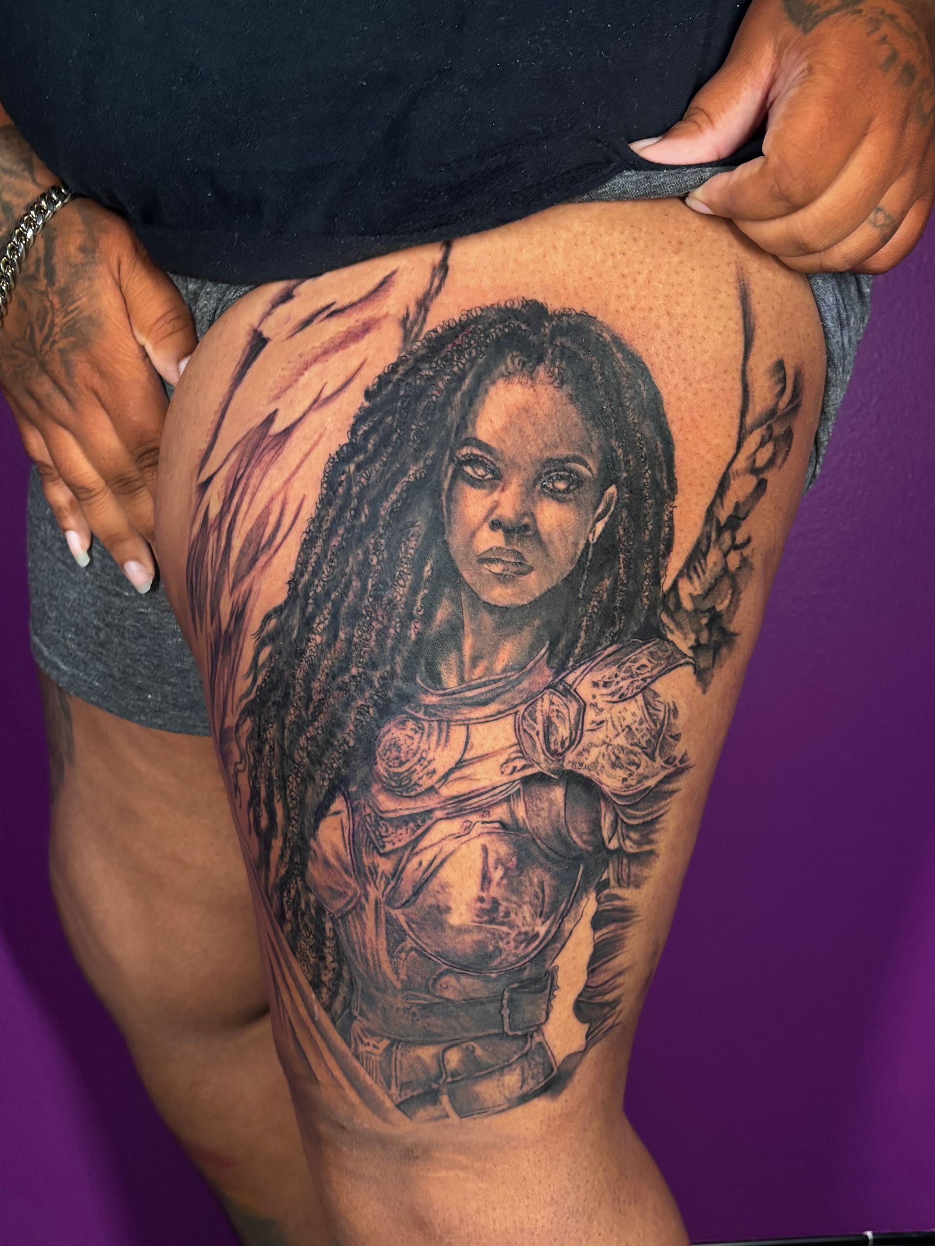 Charlotte NC tattoo artist, goddess tattoos, Charlotte NC, tattoos on melanated skin, black and grey realism tattoo,