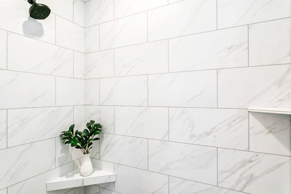 A shower with white tiles and a plant on a shelf.