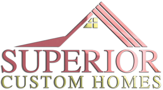 A logo for superior custom homes with a red roof