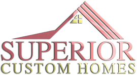 A logo for superior custom homes with a red roof