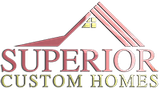 The logo for superior custom homes shows a house with a red roof.