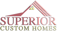 The logo for superior custom homes shows a house with a red roof.