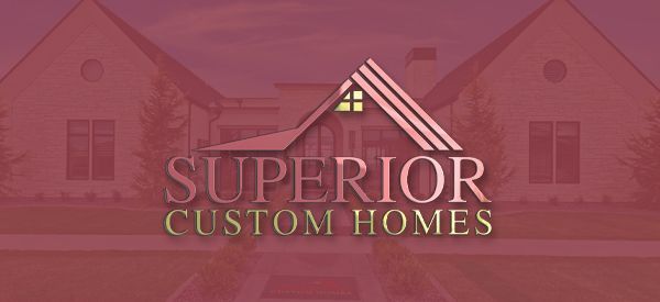 The logo for superior custom homes with a picture of a house in the background