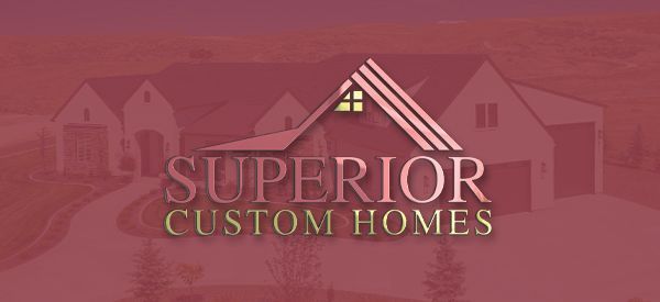 A red background with a house and the words superior custom homes