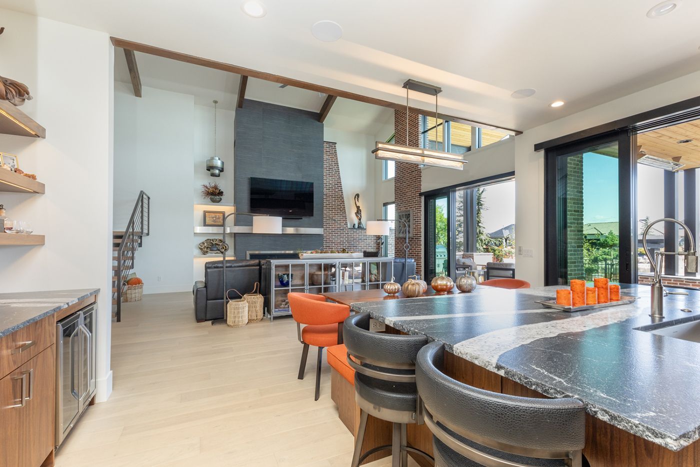 There is a large island in the middle of the kitchen.