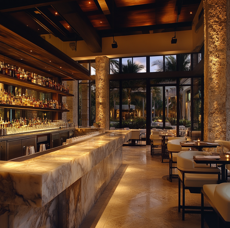 A long marble bar in a restaurant with tables and chairs