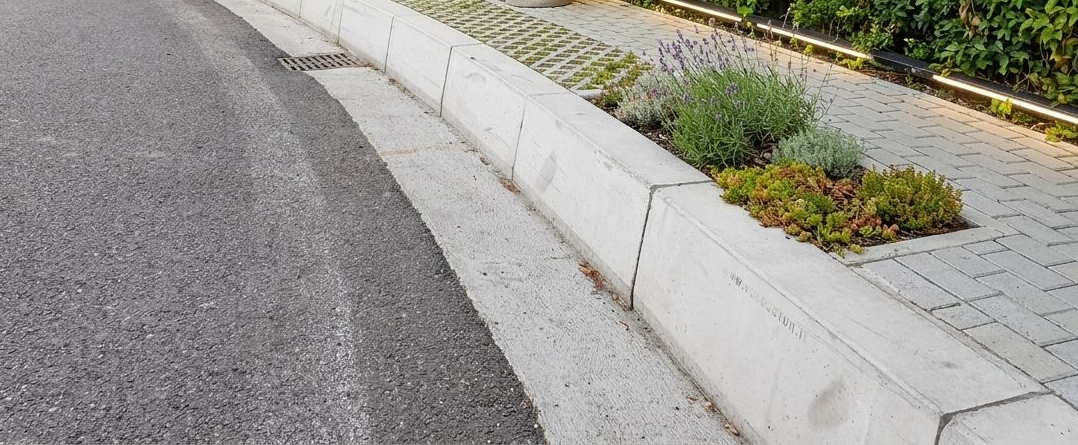 Cordolo in cemento curvo a lato di una strada asfaltata bagnata, con piccole piante verdi in un'aiuola.