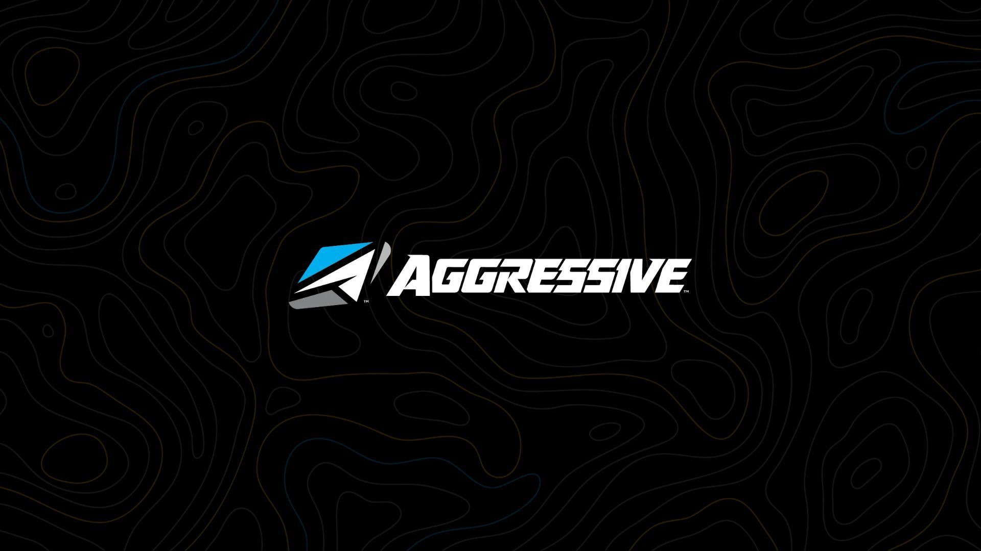 Black background with subtle swirls and a blue-and-white “Aggressive” logo centered near the top.