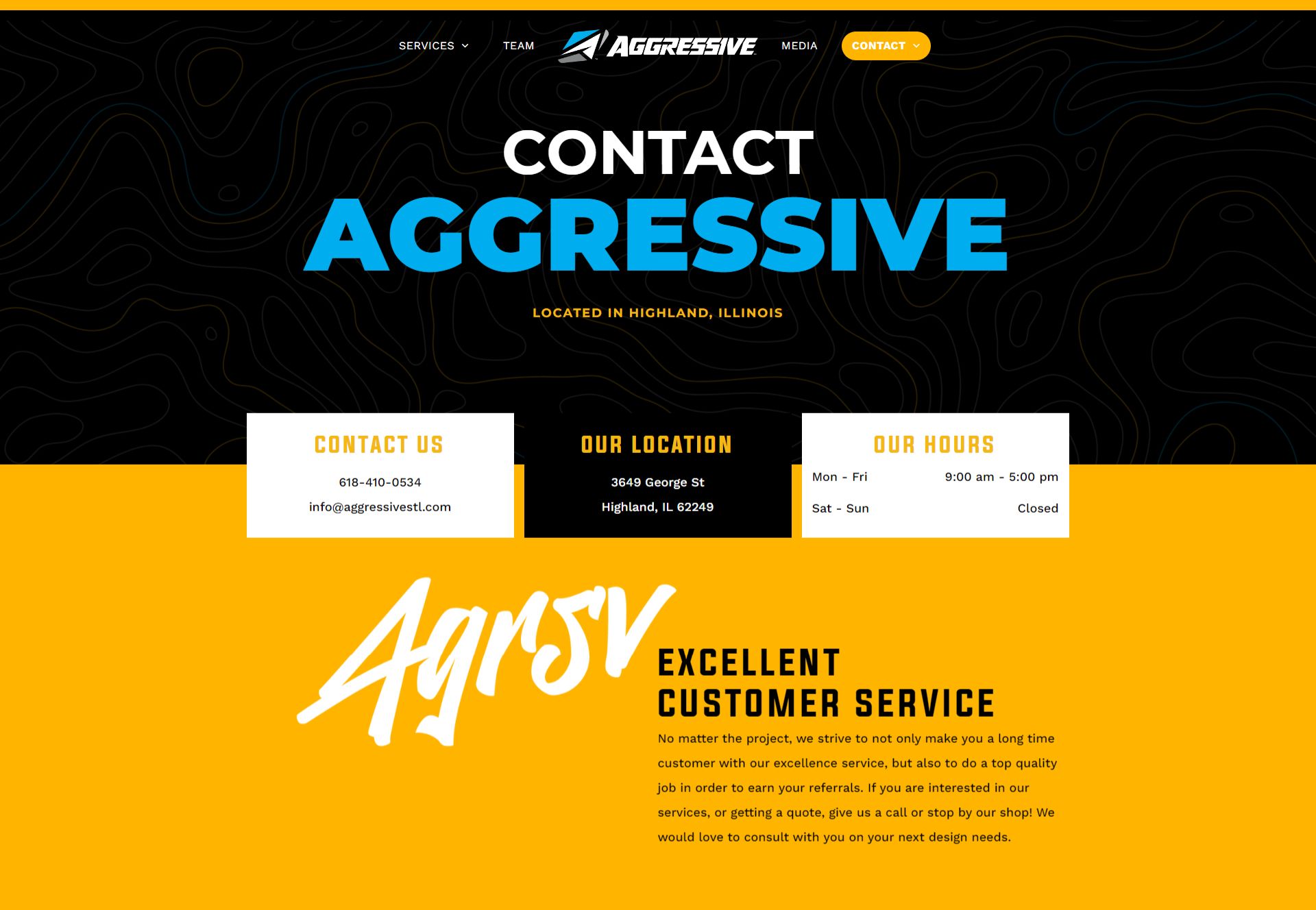 Website contact page with bold “Contact Aggressive” text, black and yellow sections, and three contact info boxes