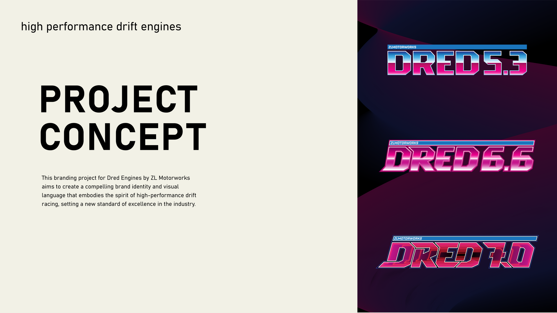 Project concept slide with bold black text and neon Dredd 5/5 logo variations on a dark background