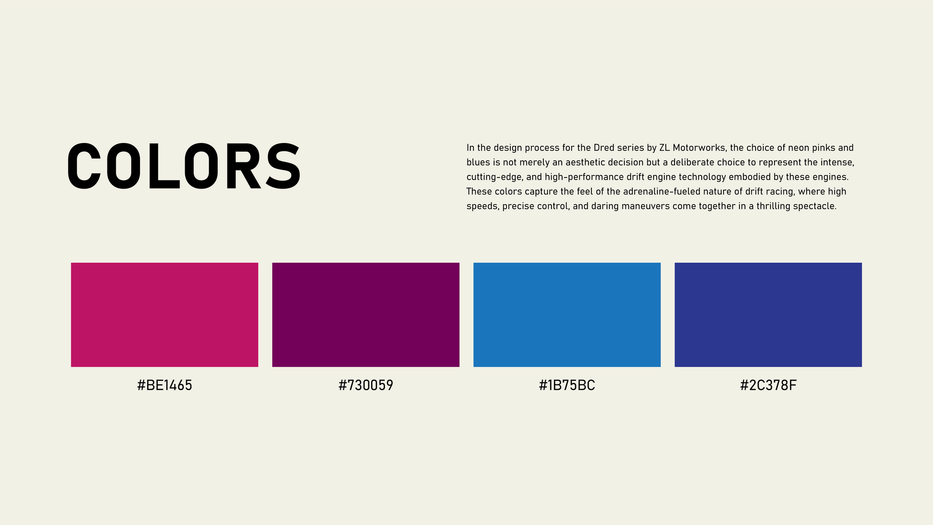 Color palette slide labeled “COLORS” with four magenta-to-blue swatches and small descriptive text.