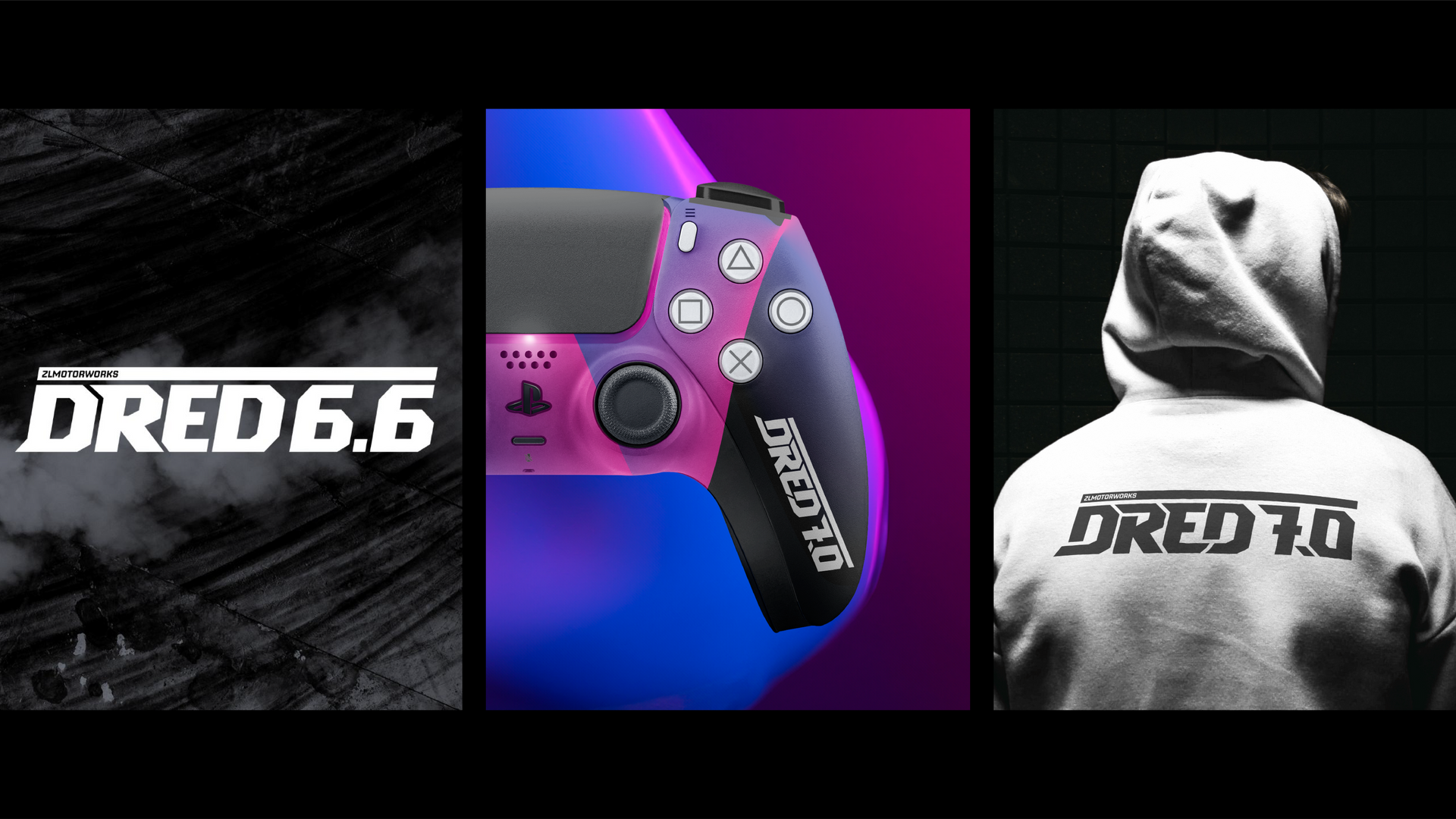 DRED6.6 branding montage: dark logo, purple game controller, and gray hoodie with white logo