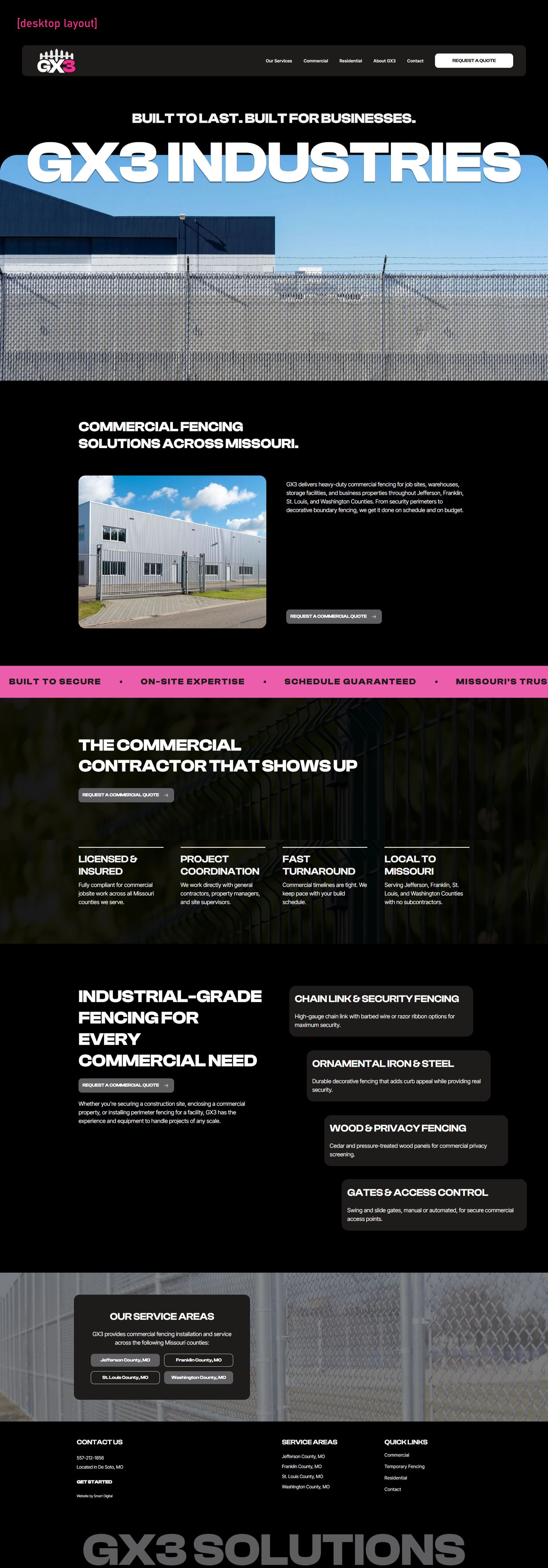 Dark website homepage for QX3 Industries with bold white title, black background, pink accents, and menu sections