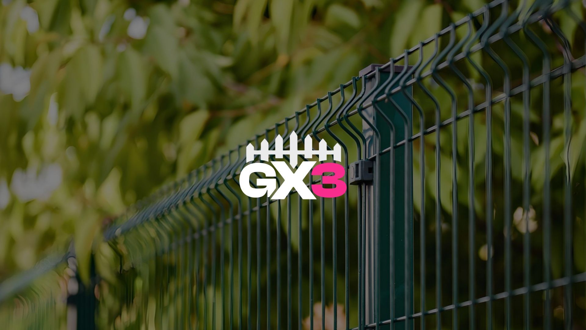 GX3 logo over a blurry green fence and foliage background