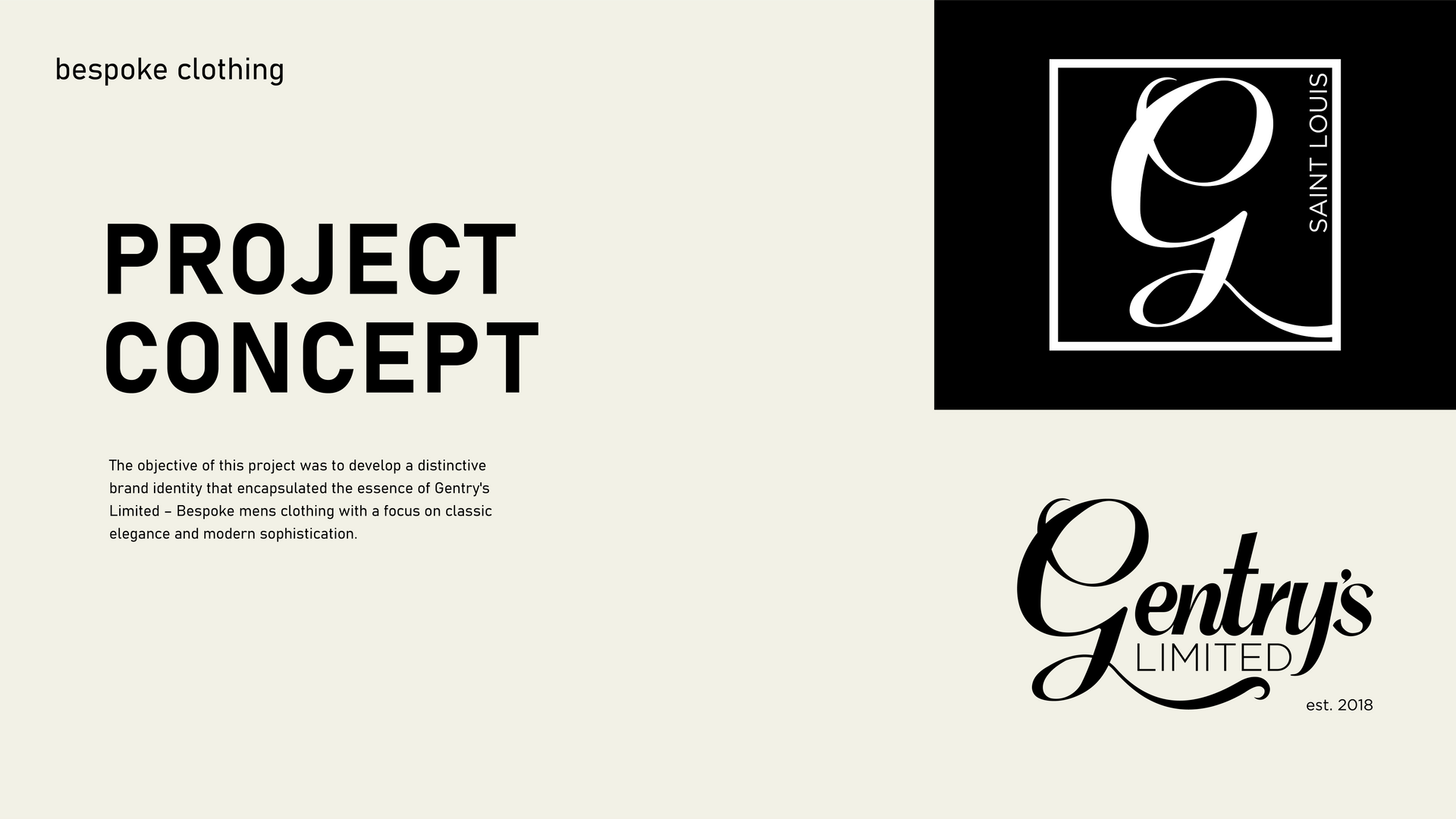 Minimal black-and-white fashion project concept poster with Gentrys Limited logo and branding layout
