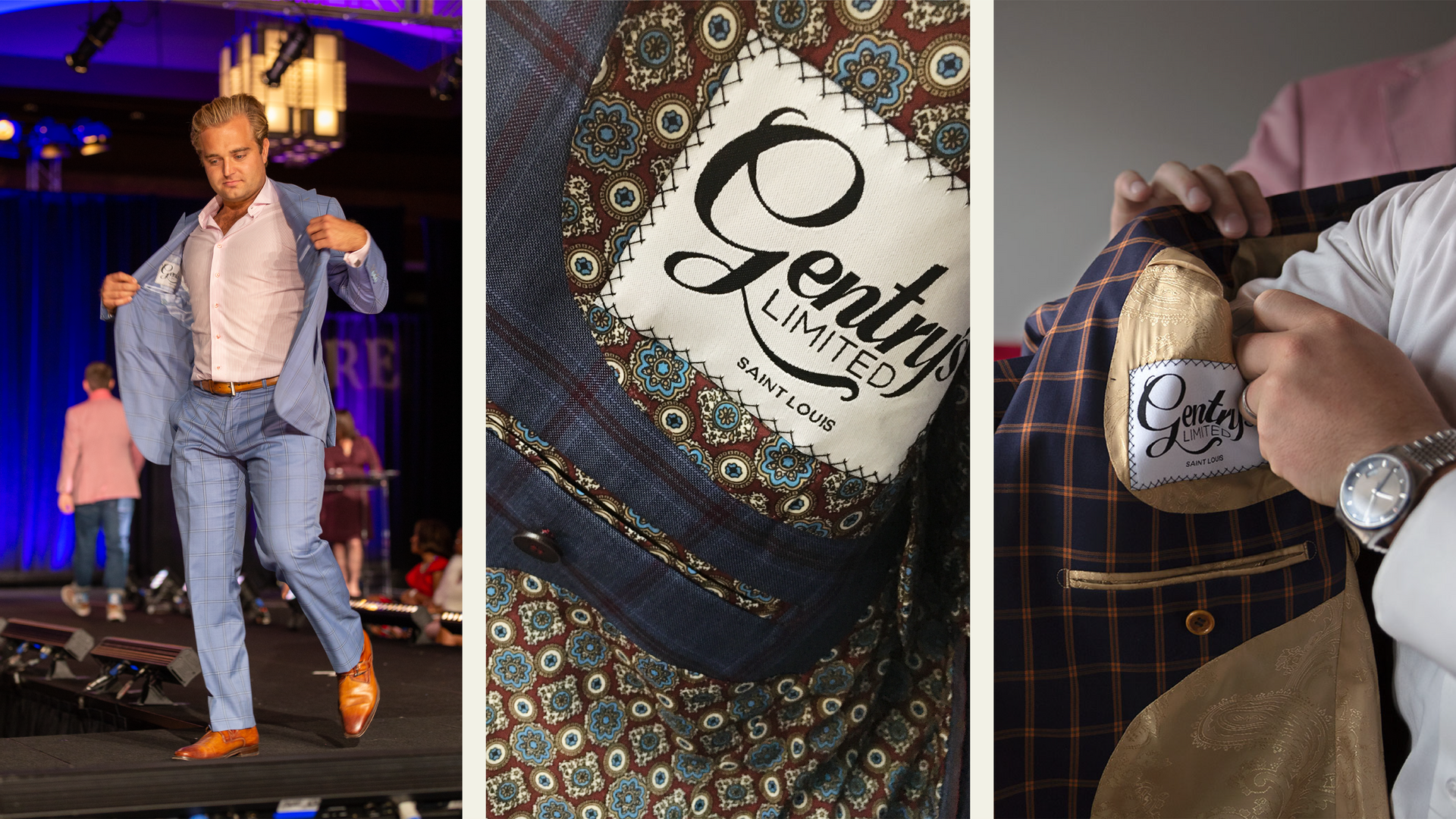 Fashion show collage featuring a man in a blue suit and close-ups of a patterned cuff and embroidered jacket lining