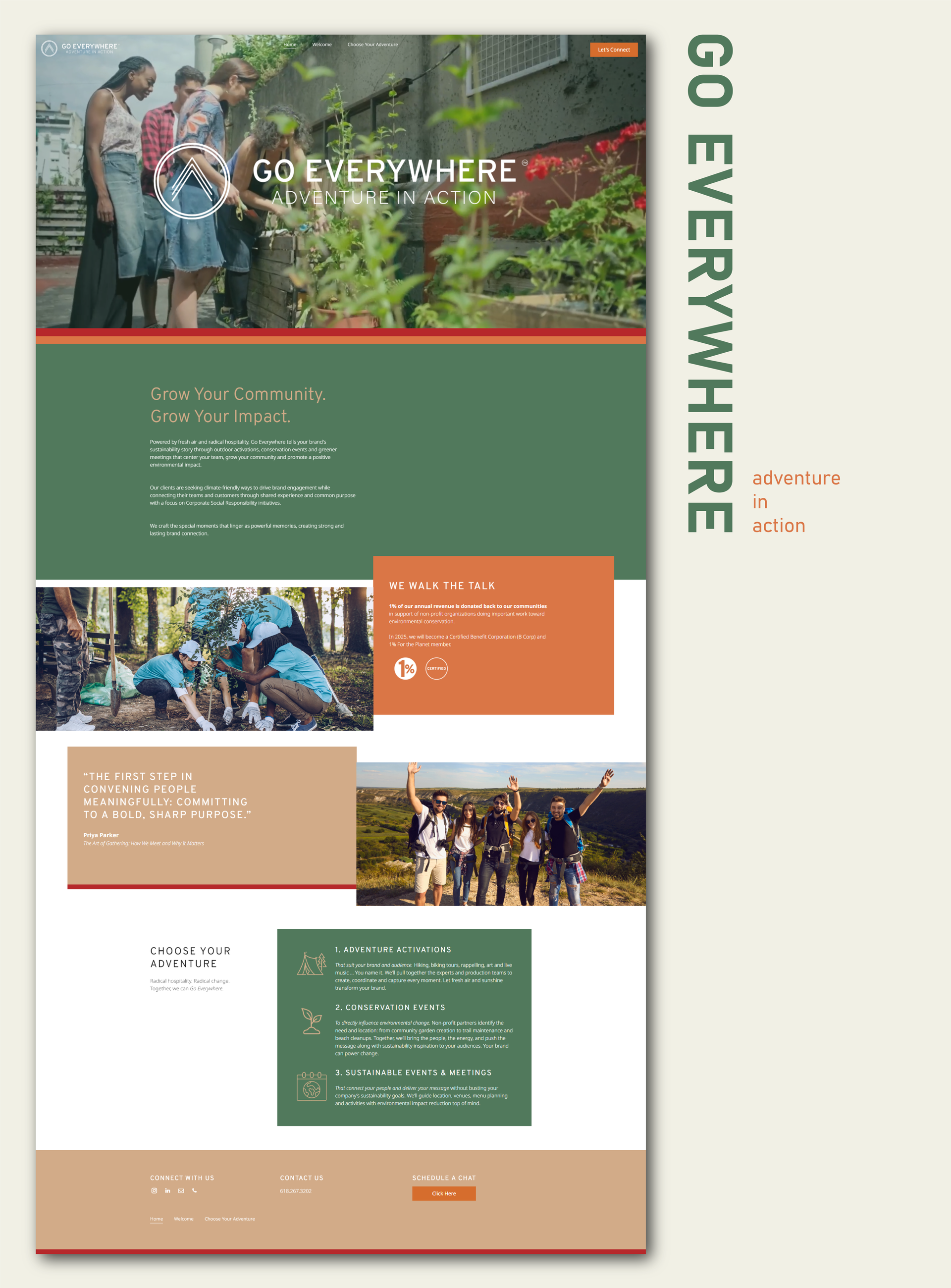 Poster titled “Go Everywhere” with hiking and group activity photos on green, orange, and beige panels