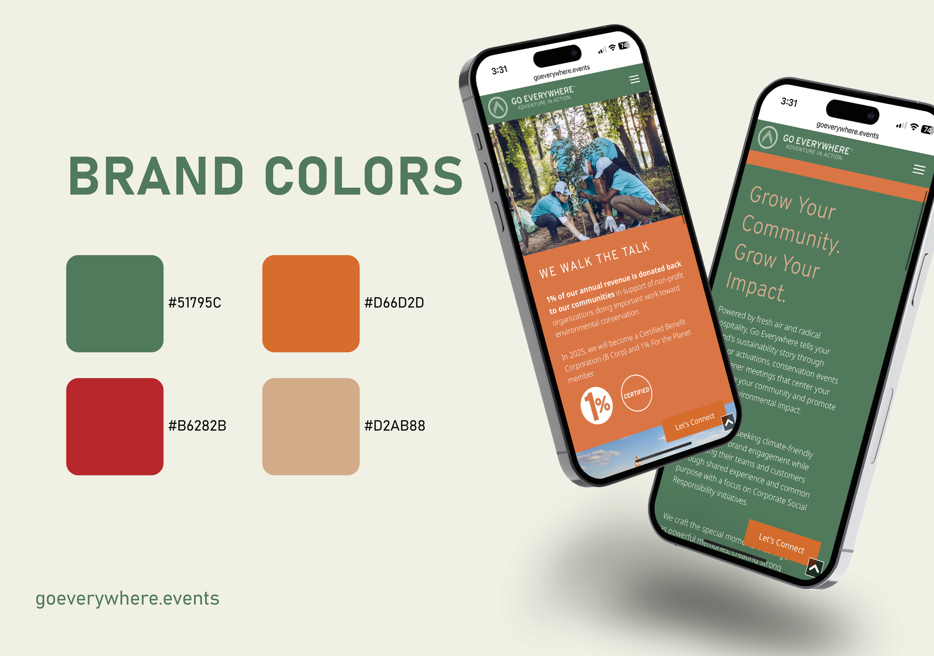Brand colors palette and two smartphone app mockups in green, orange, red, and beige