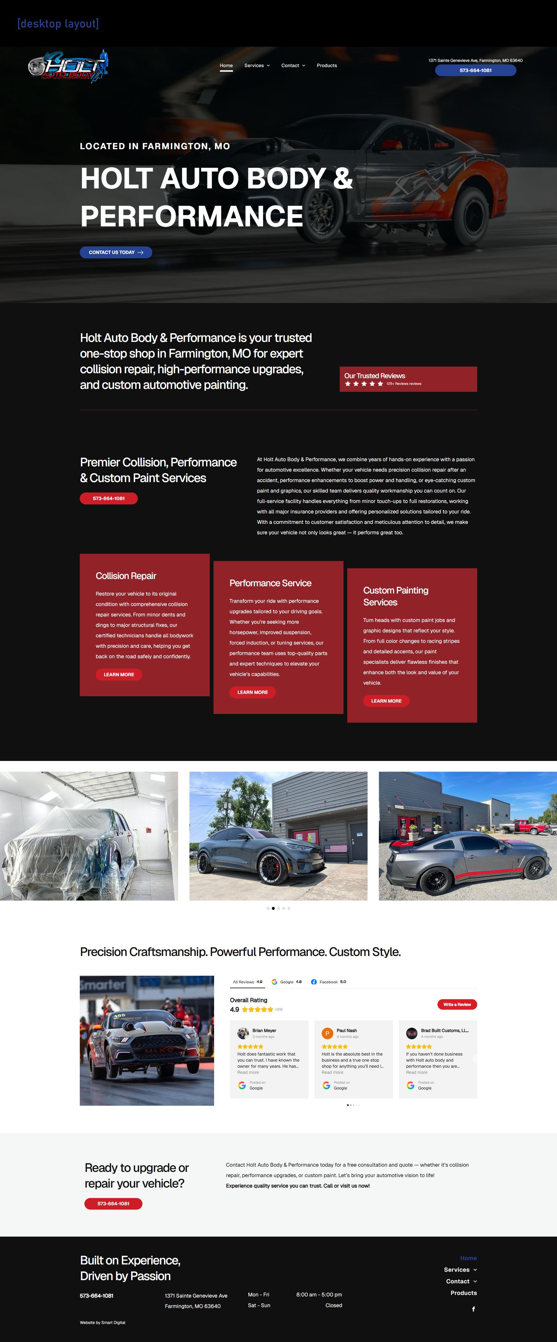 Dark automotive website banner with a red race car and bold “Hult and body performance” headline