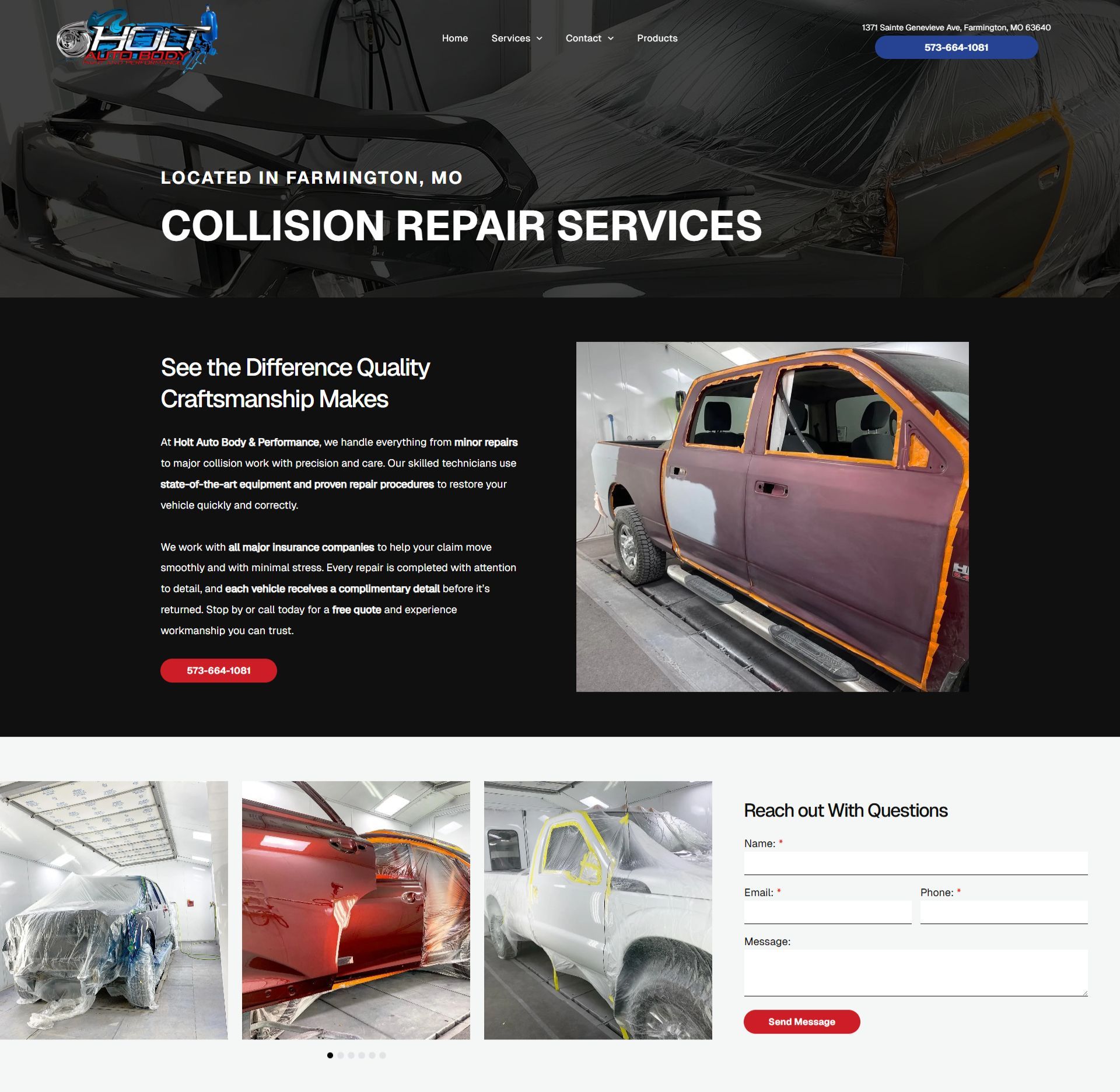 Auto body repair service website showing collision repair and a damaged orange car in a shop