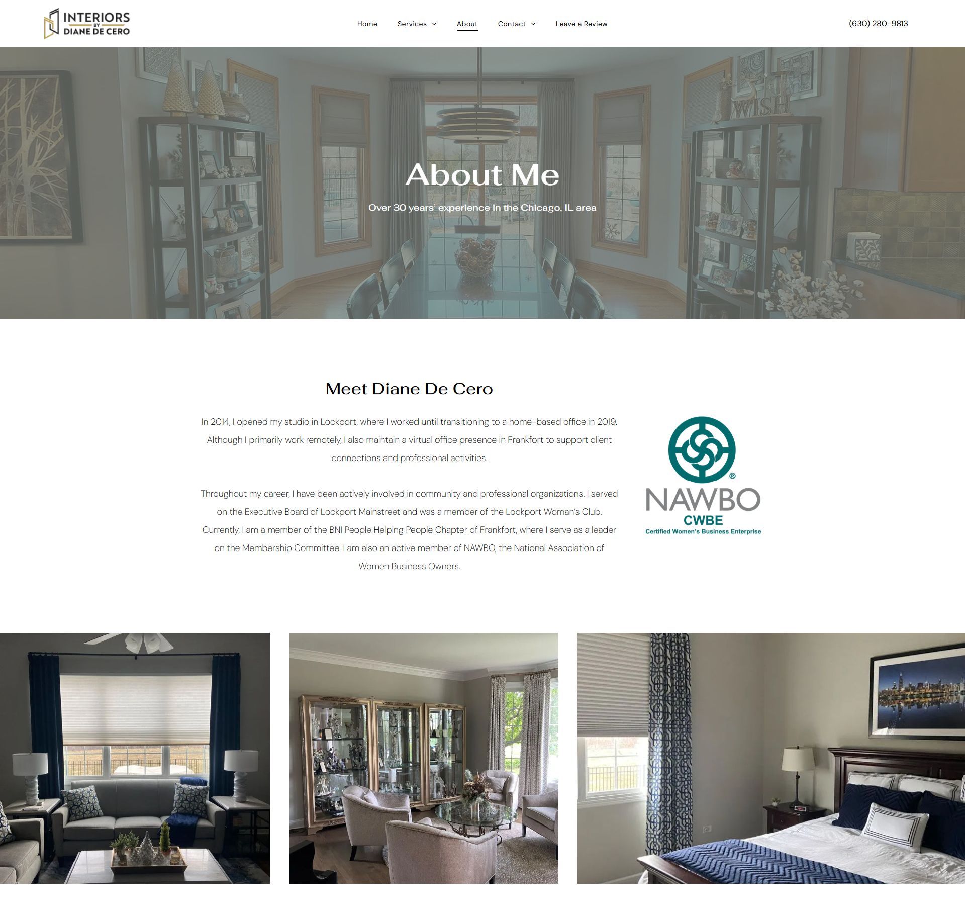 Website “About Me” page with a floral room hero image, bio text, and three interior photos below