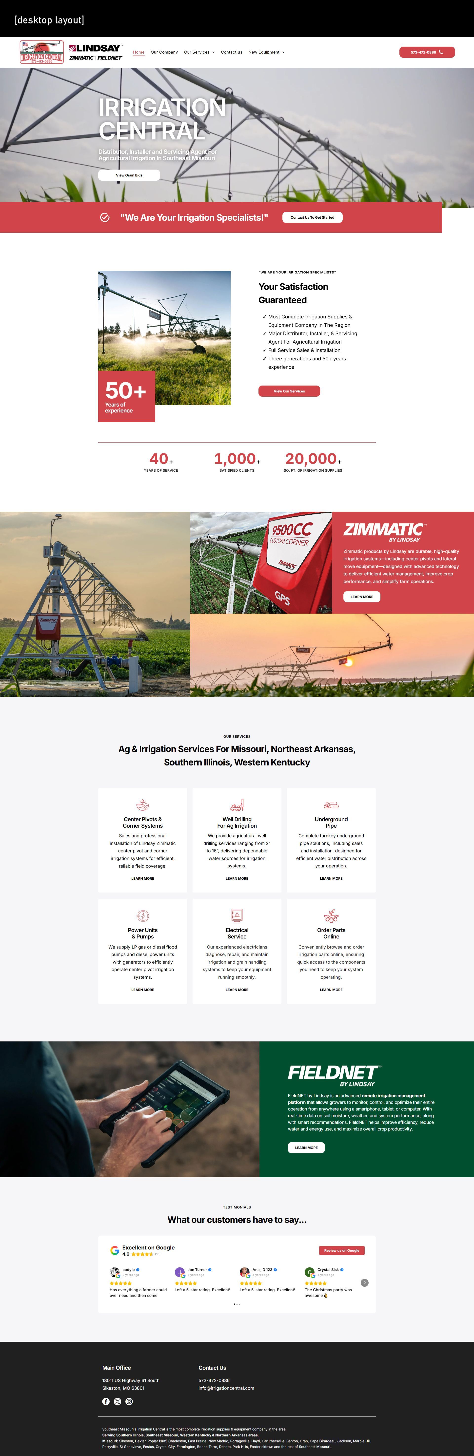 Business website collage with red banners, product photos, and contact information sections