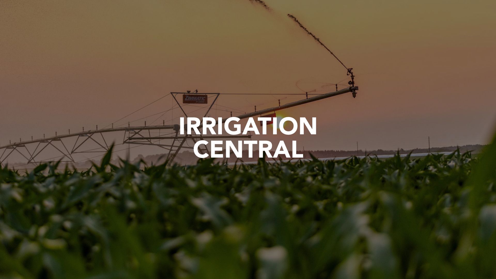Irrigation system spraying water over a green field at sunset, with “IRRIGATION CENTRAL” text overlay.