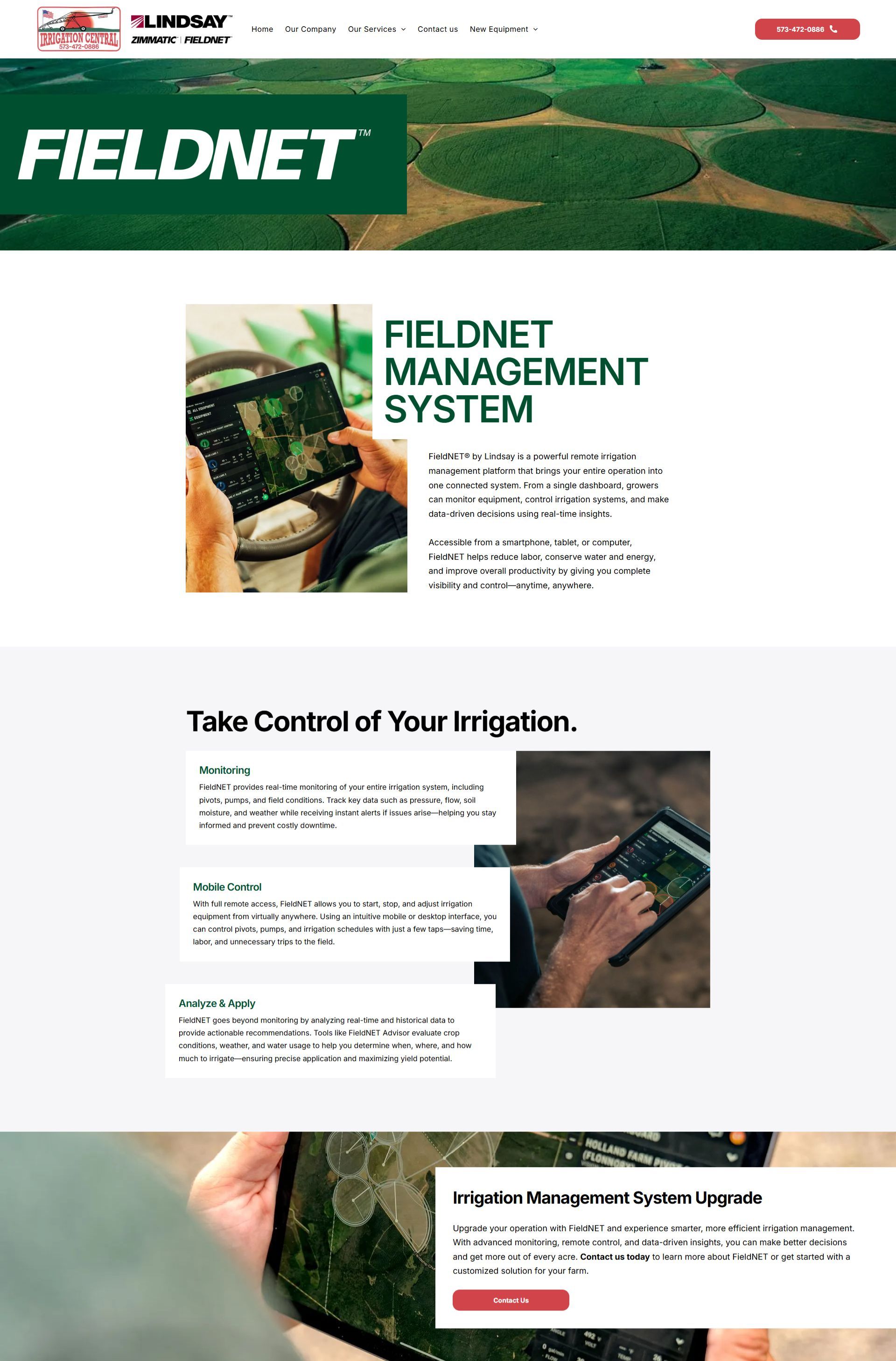 Homepage for FIELDNET management system with irrigation dashboard screenshots and green farm imagery