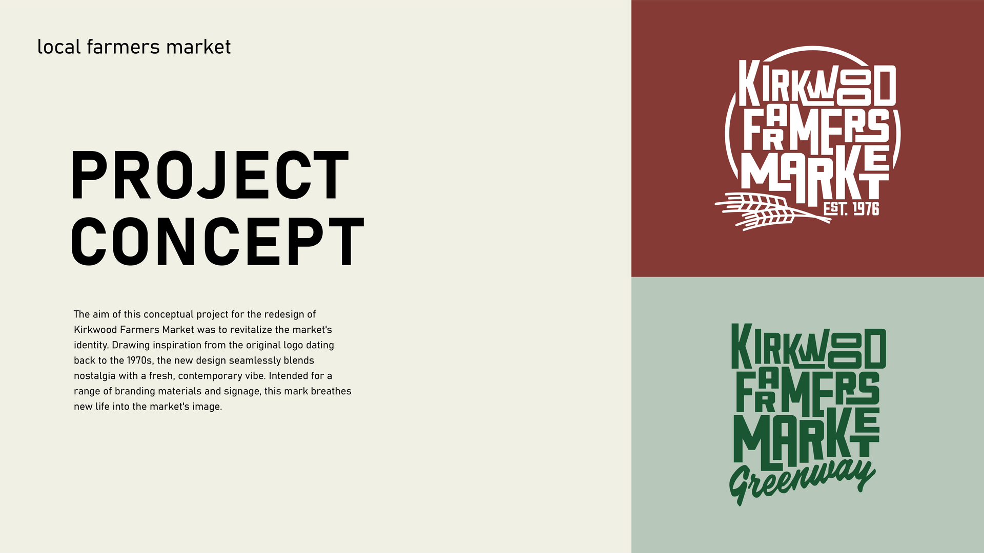 Project concept slide with black text on cream background and two colorful logo variations on the right.
