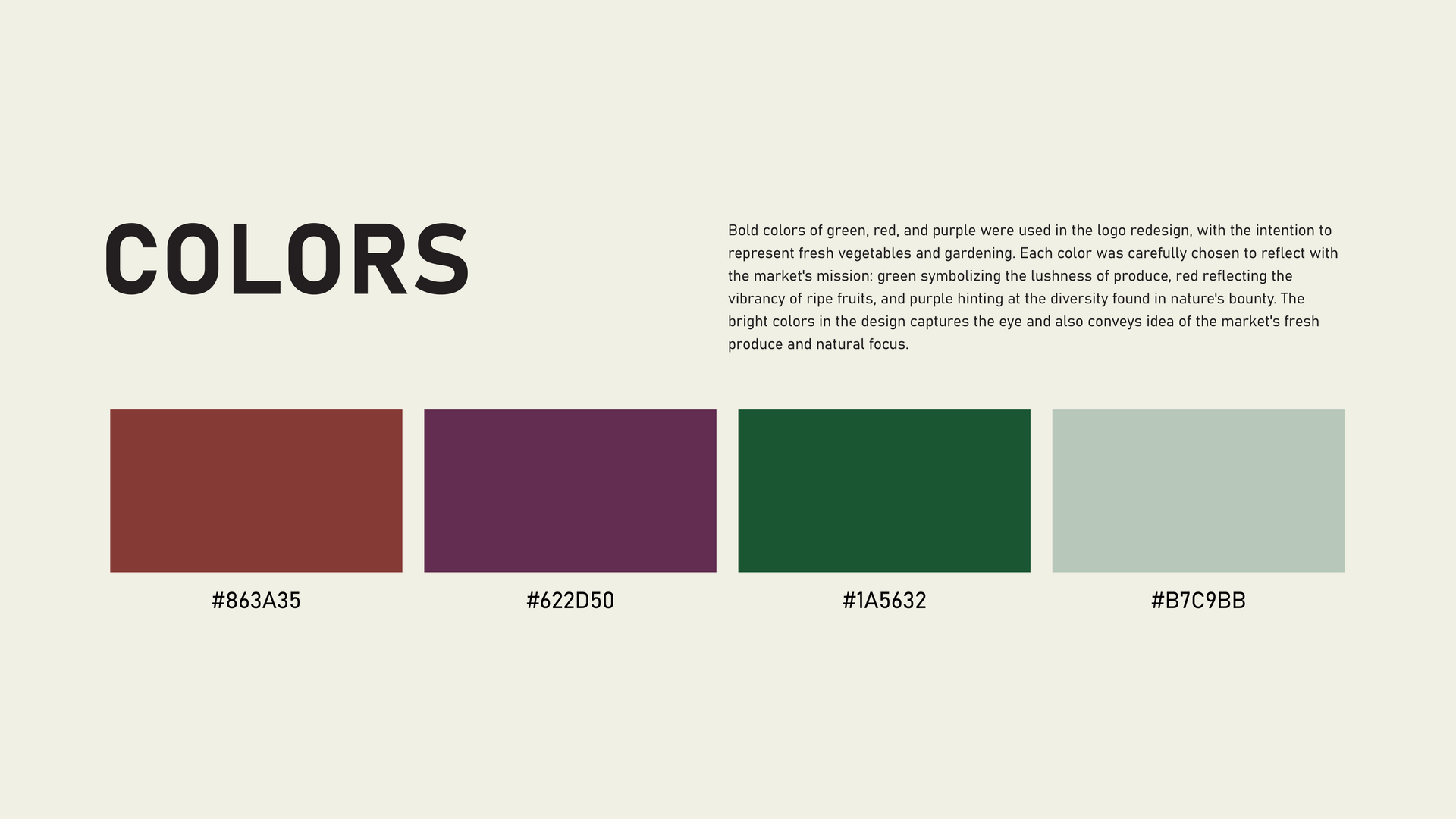 Brand color palette with four swatches: brown-red, plum, green, and pale gray-green.
