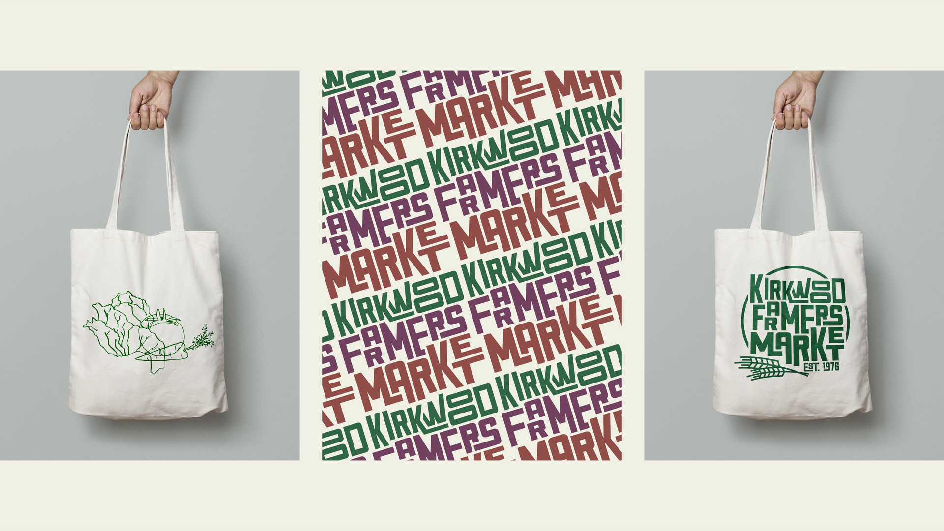 White tote bag with green floral design beside a pink-and-green typographic pattern repeat and matching bag mockup