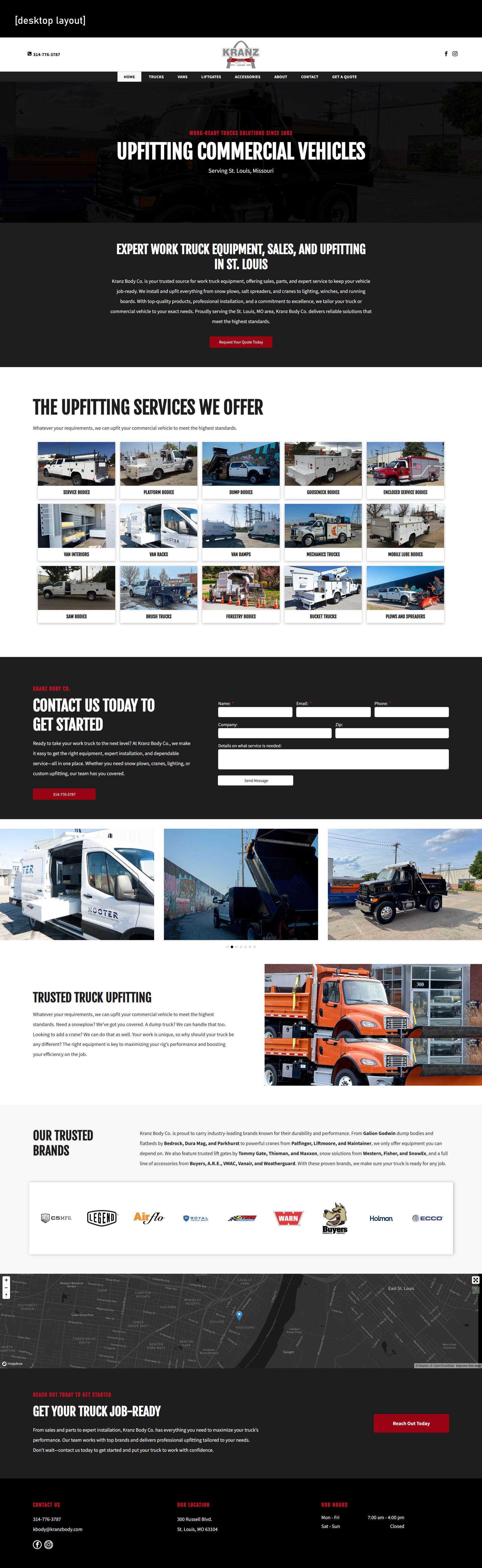 Dark-themed website homepage with vehicle and industrial service sections, banners, and image tiles