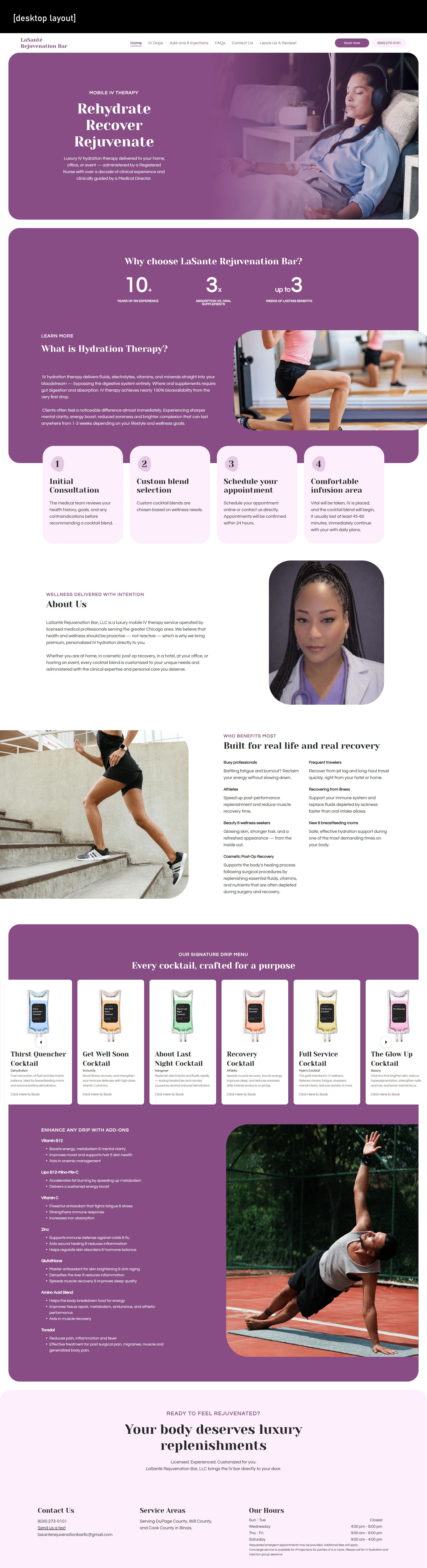 Purple-themed fitness webpage with yoga poses, profile photos, and product or class cards