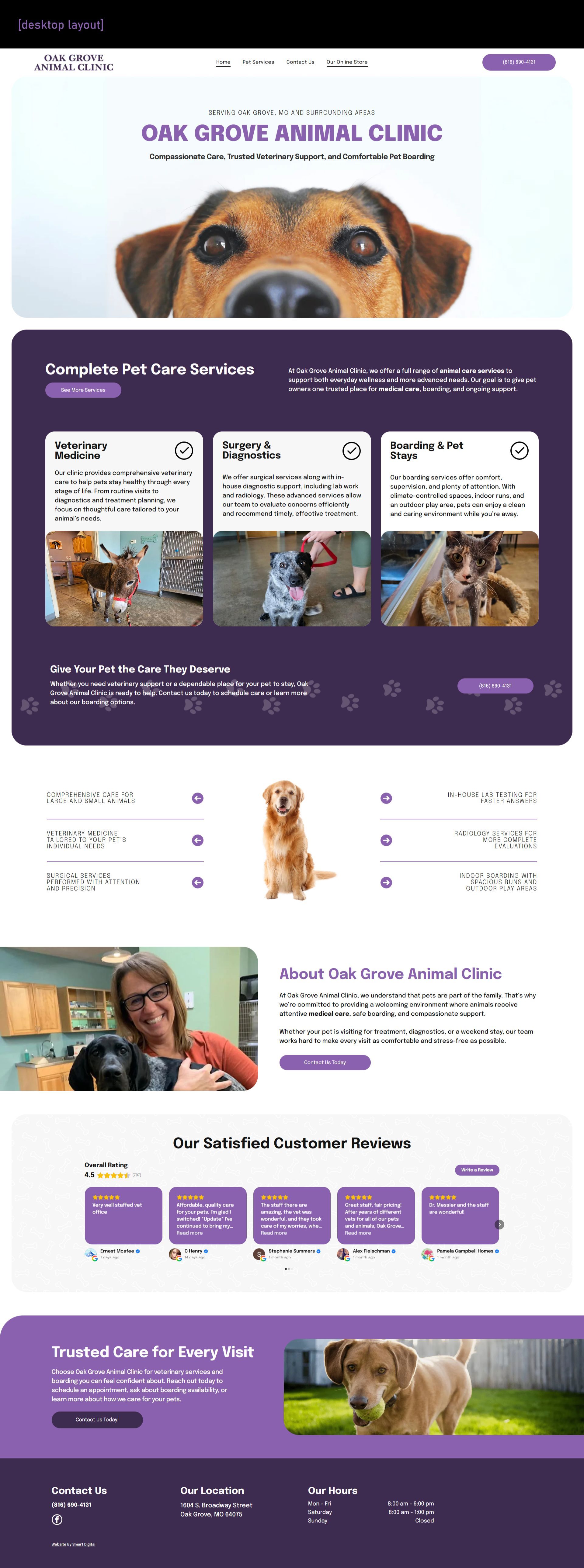 Purple pet care app landing page with dog hero image, feature cards, and a meeting/service booking section