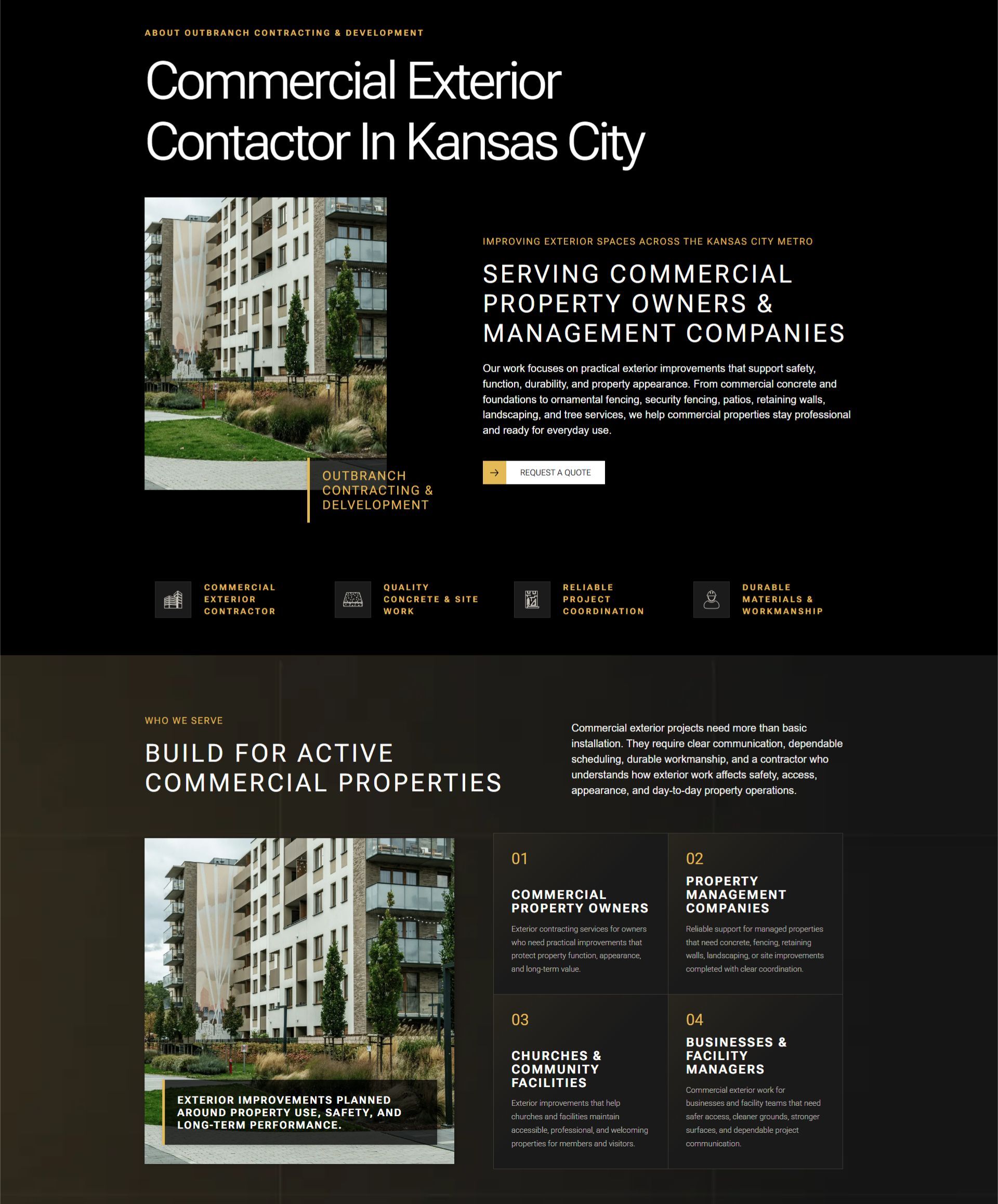 Website mockup for a Kansas City commercial exterior contractor, with black-and-gold branding and building photos