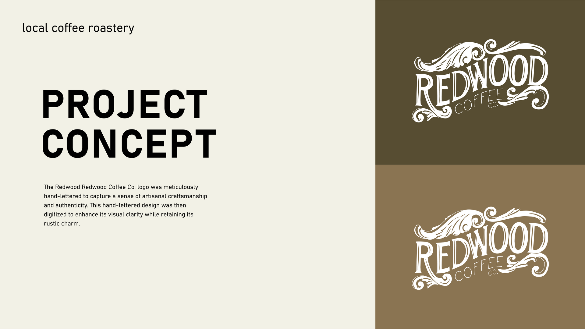 Project concept slide with bold text on cream background and two “Redwood” logo mockups on the right.