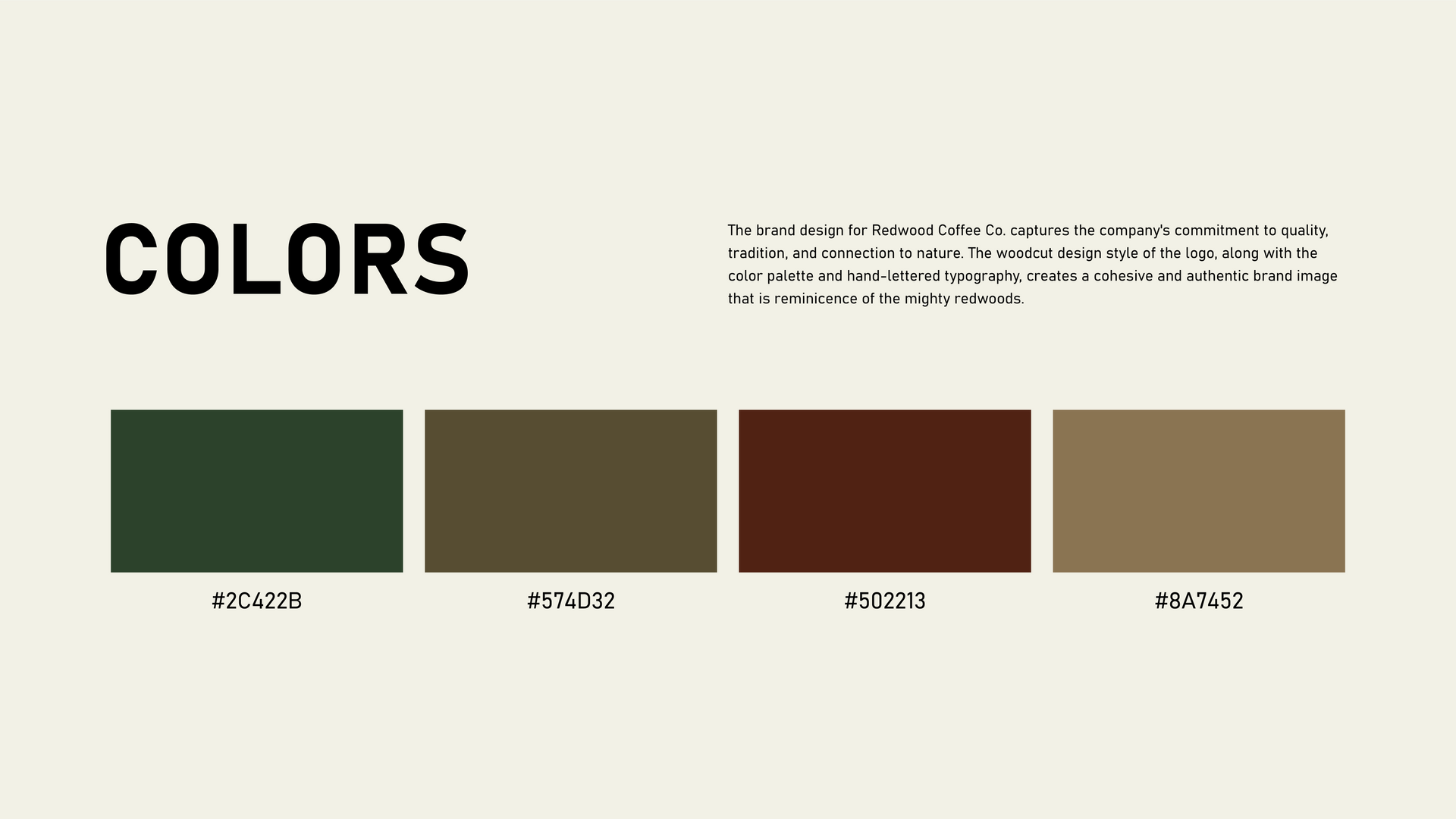 Color palette labeled “COLORS” showing four earthy swatches: green, olive, rust, and tan.