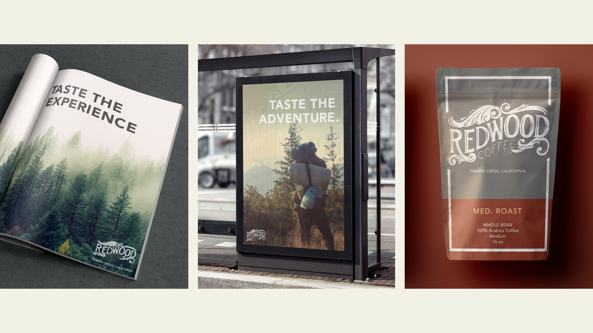 Three travel-themed poster designs with forest, city, and sunset imagery and text slogans.