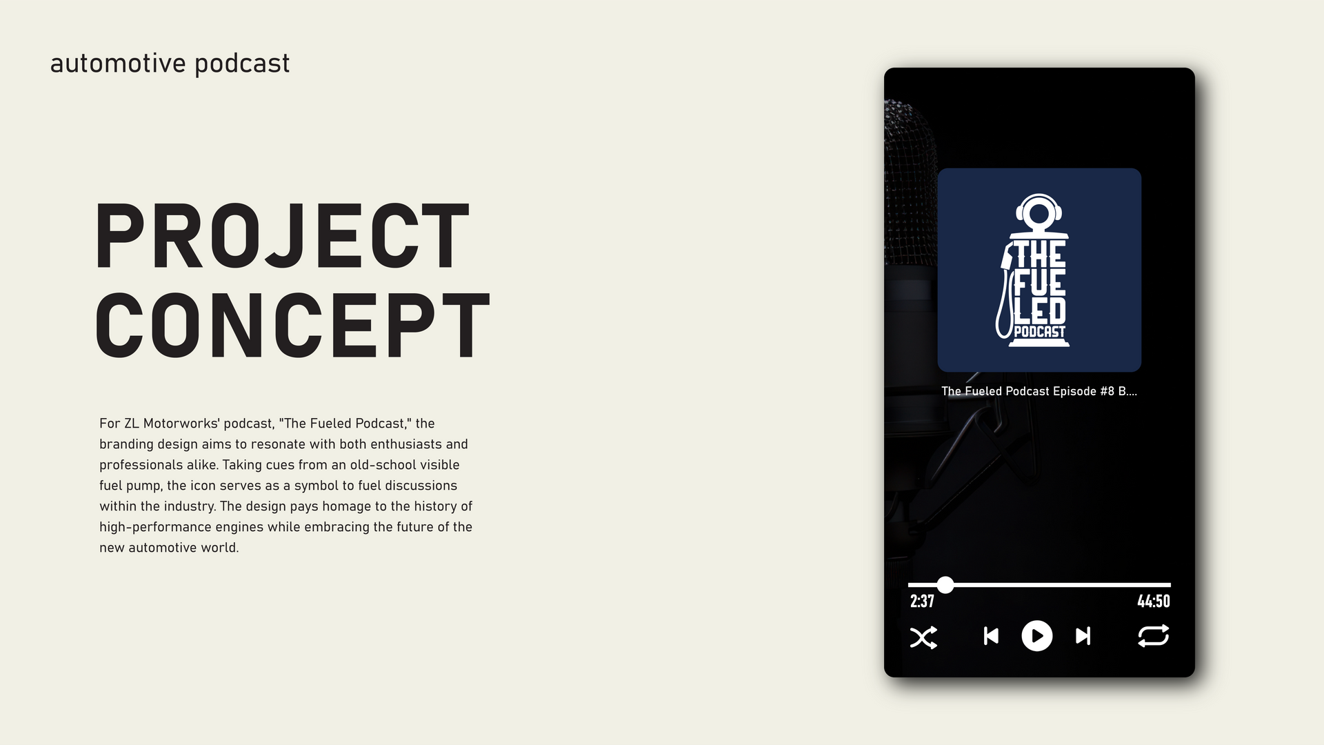 Minimal project concept slide with bold text and a black smartphone music player mockup on beige background