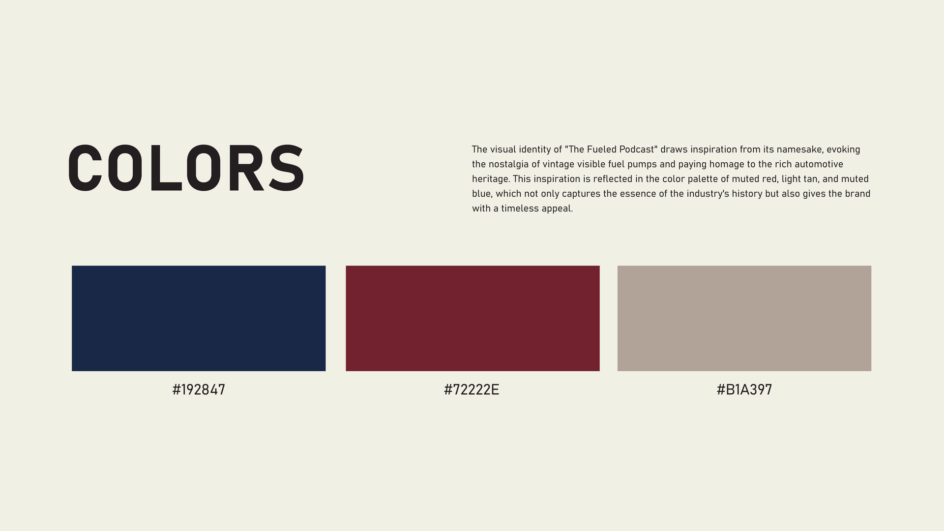 Color palette slide with navy, maroon, and beige swatches under the heading “COLORS”