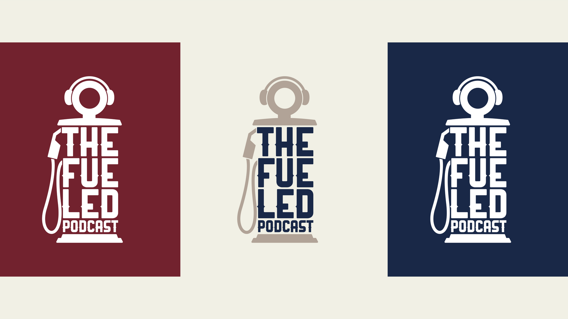 Three versions of “THE CUE FED PODCAST” logo on maroon, beige, and navy backgrounds.