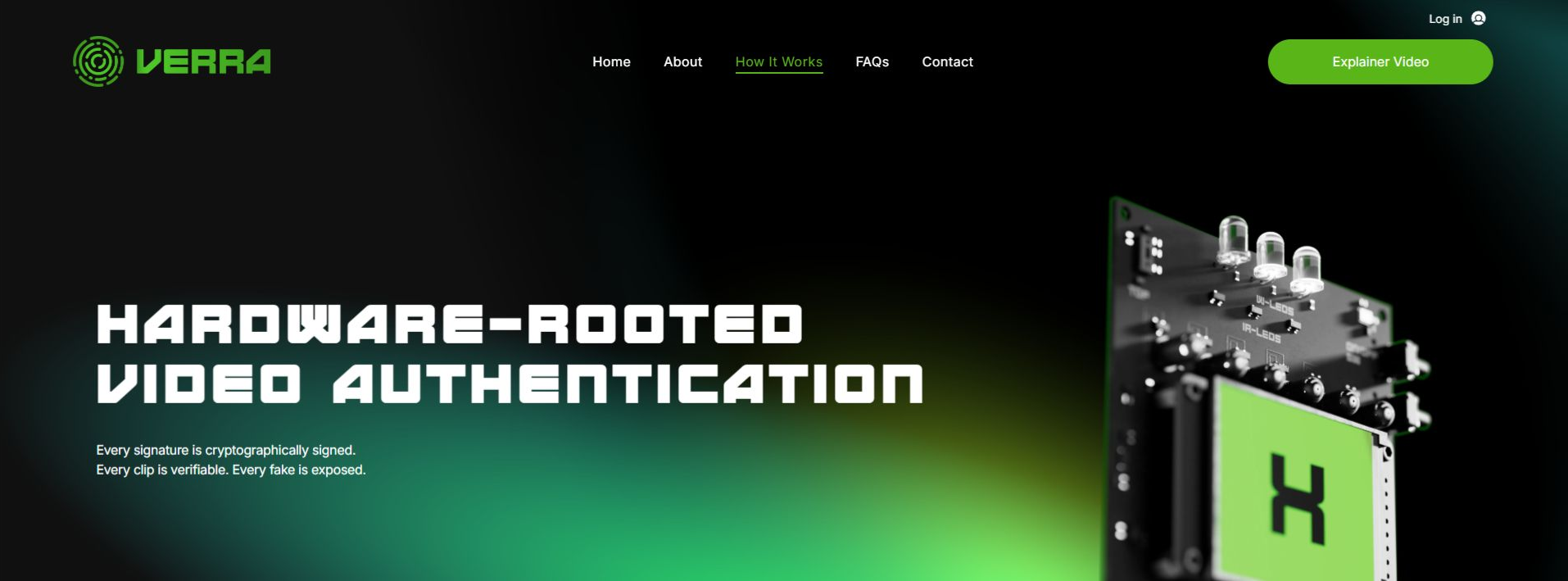 Dark website hero banner for VERRA’s hardware-rooted video authentication, with green accents and device illustration