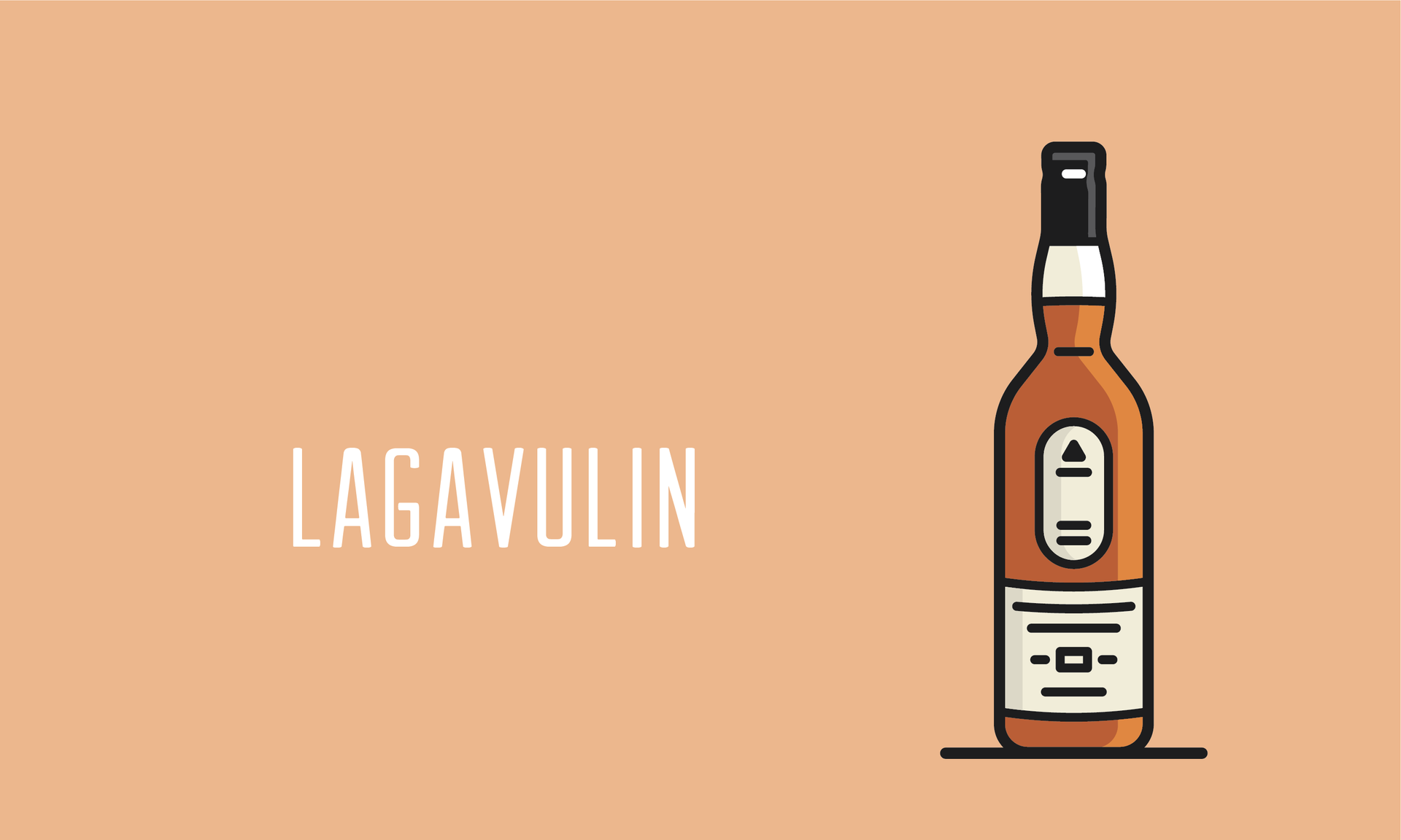 Lagavulin whisky bottle on a peach background with the brand name in white text