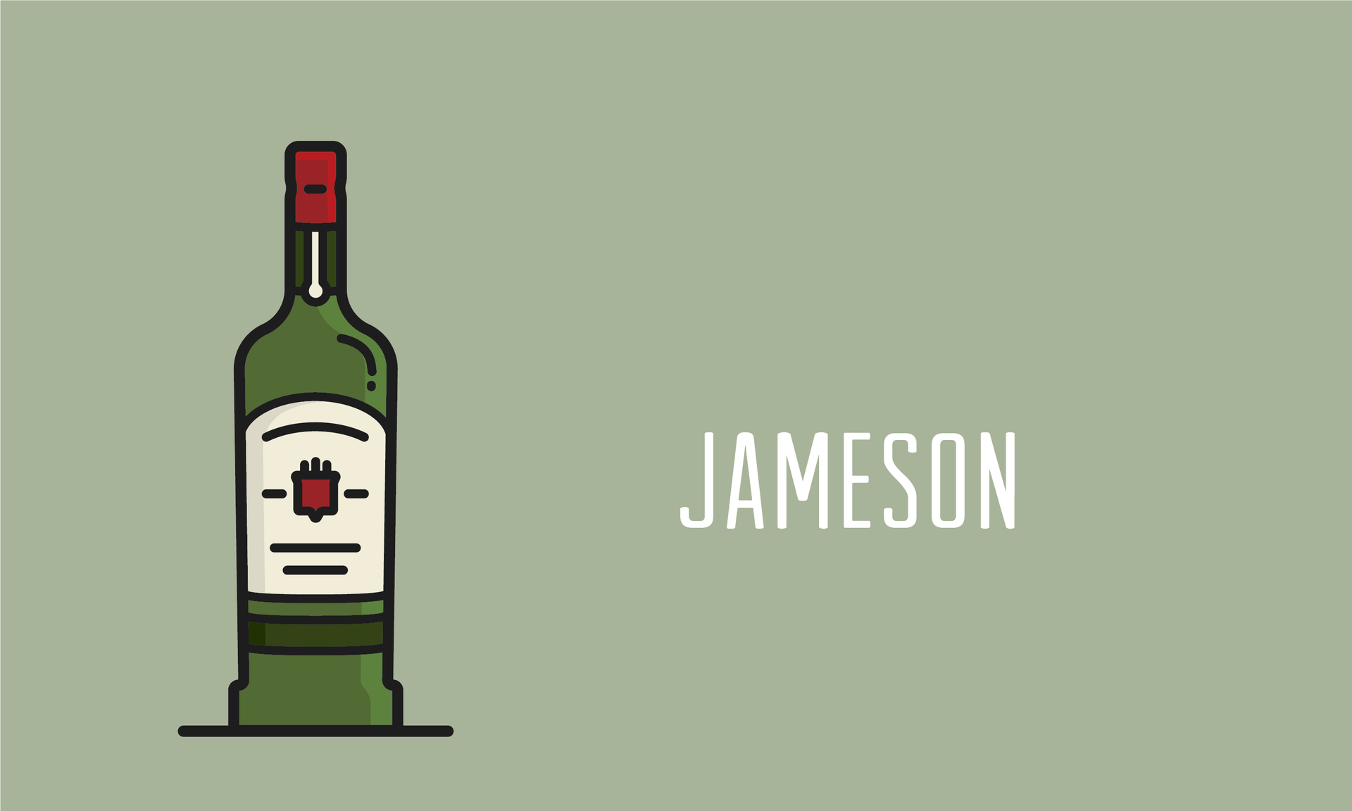 Illustration of a Jameson whiskey bottle on a muted green background with the word “JAMESON” beside it.