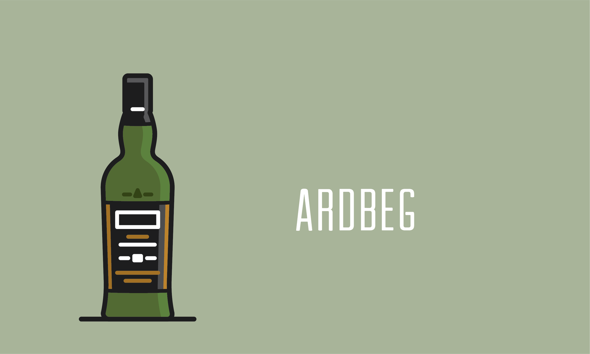 Green bottle of Ardbeg whiskey on a muted green background.