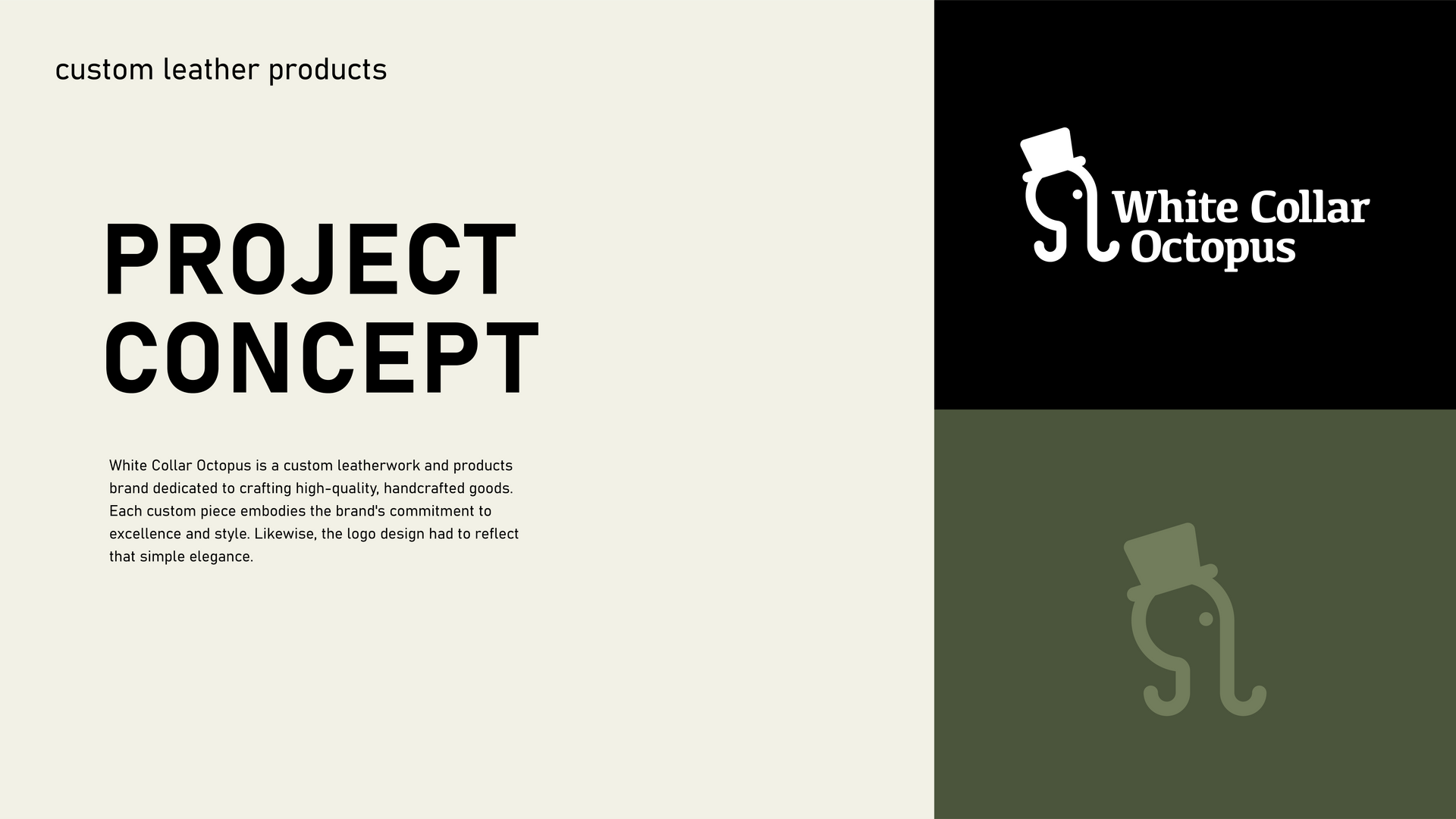 Project concept slide for custom leather products, with White Collar Octopus logo on a beige and olive split layout